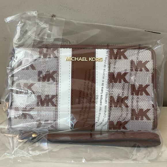 Michael Kors Wristlet Wallet Brown White NWT - Picture 1 of 13